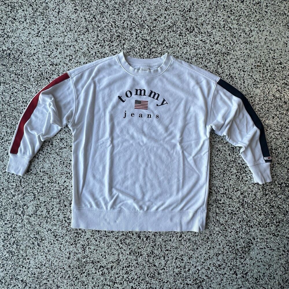 Tommy Jeans Sweatshirt Womens Small Striped USA White Pullover Crewneck